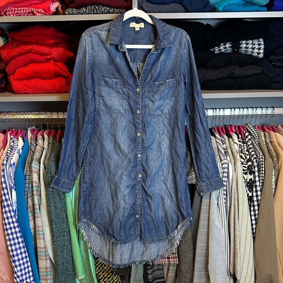 Cloth & Stone blue chambray button down raw curved hem long sleeve dress size XS - Picture 1 of 3